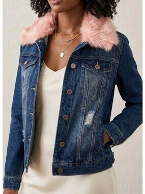 NEW YMI Distressed Detachable Faux Fur Collar Denim Jacket SZ L